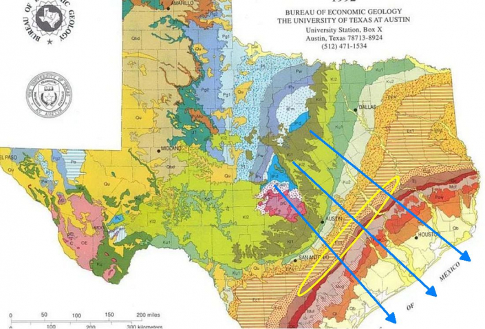 Geologische Karte Texas (Fundorte gelb)